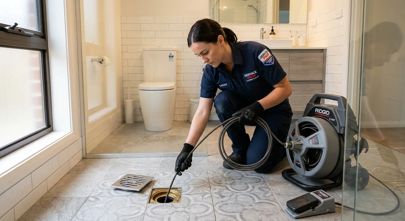 Technician clearing a bathroom floor drain for Hydro Jetting in Powell